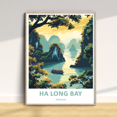 Illustration of Ha Long Bay at sunset with boat.