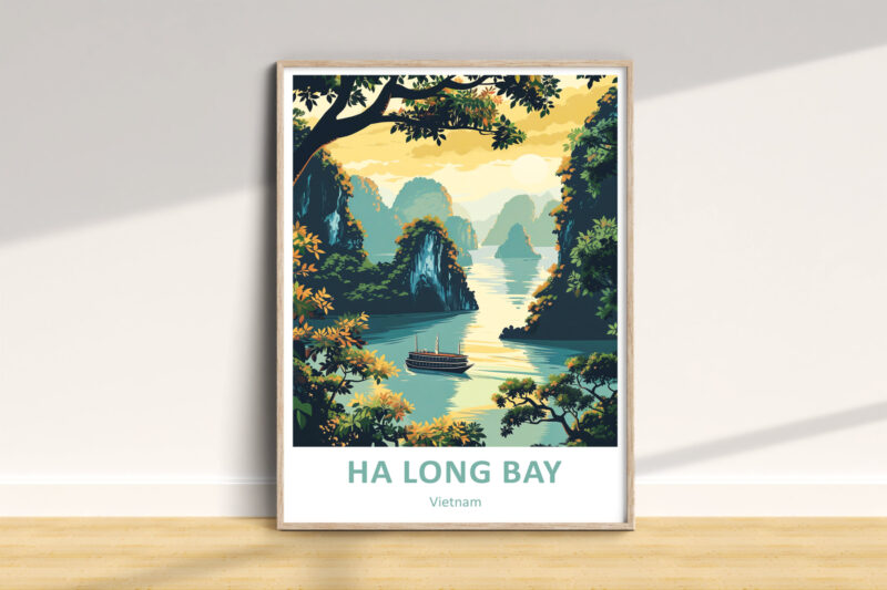 Illustration of Ha Long Bay at sunset with boat.