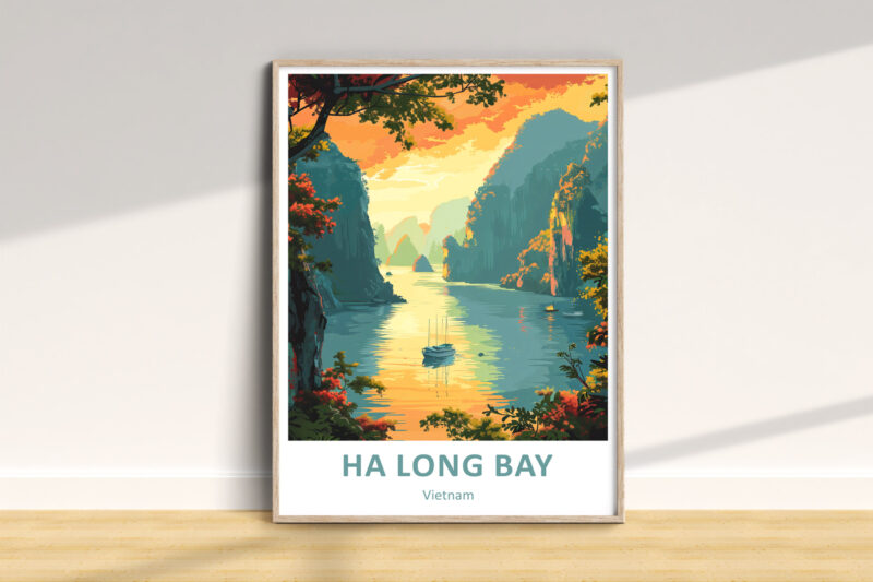 Framed Ha Long Bay Vietnam sunrise illustration