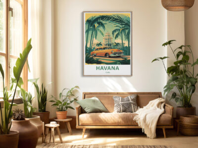 Cozy living room with Havana poster and plants.