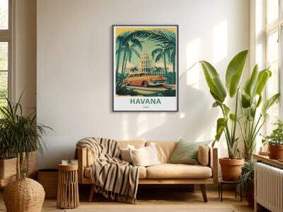Cozy room with Havana poster and plants.