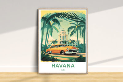 Retro Havana poster with car and palm trees.
