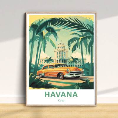 Retro Havana poster with car and palm trees.