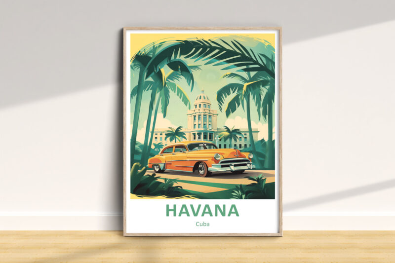 Retro Havana poster with car and palm trees.