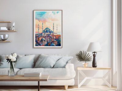 Modern living room with Istanbul artwork on wall.