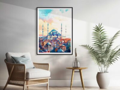 Interior with Istanbul skyline painting and chair.