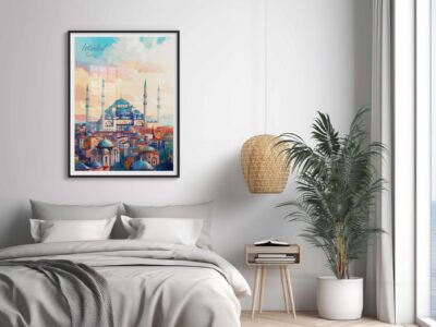 Cozy bedroom with Istanbul poster on wall.
