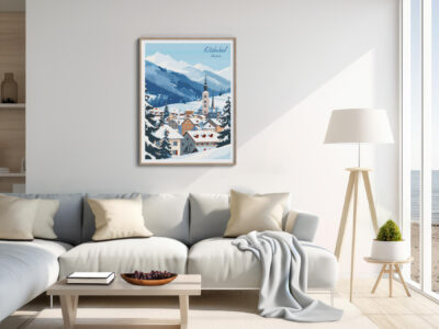 Modern living room with mountain painting.