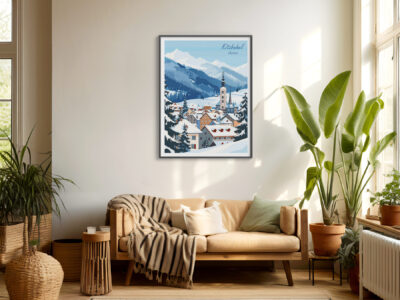 Modern living room with framed mountain artwork.