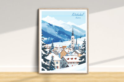 Illustration of snowy Kitzbuhel, Austria village landscape.