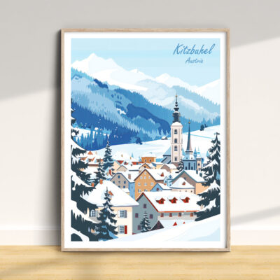 Illustration of snowy Kitzbuhel, Austria village landscape.