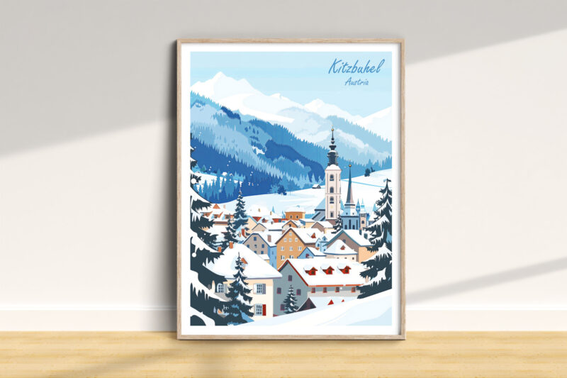 Illustration of snowy Kitzbuhel, Austria village landscape.
