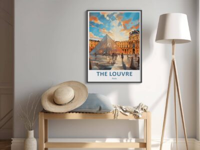 Room with Louvre poster, hat, lamp.