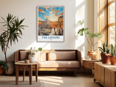 Modern living room with Louvre poster on wall.