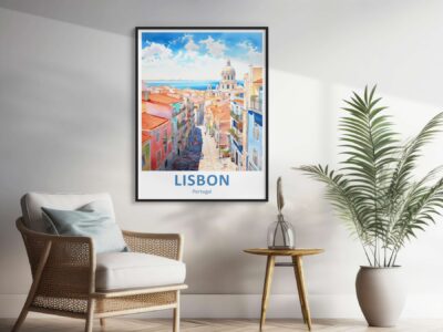 Lisbon cityscape art print above chair, table, plant.
