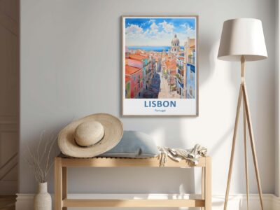 Framed Lisbon travel poster in modern room.