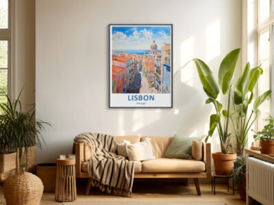 Cozy living room with Lisbon poster and plants.