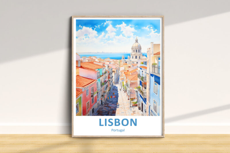 Framed Lisbon street art print on wall.