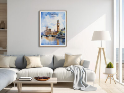 Cozy living room with London-themed wall art