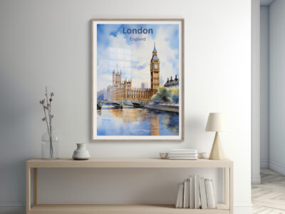 Framed London Big Ben watercolor print on white wall.
