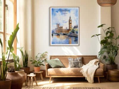 Cozy living room with London-themed artwork and plants.