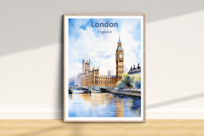 Framed watercolor art of London, Big Ben.
