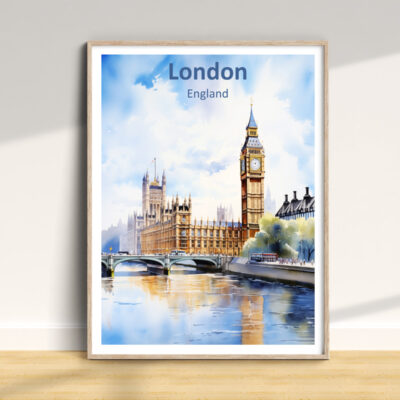 Framed watercolor art of London, Big Ben.