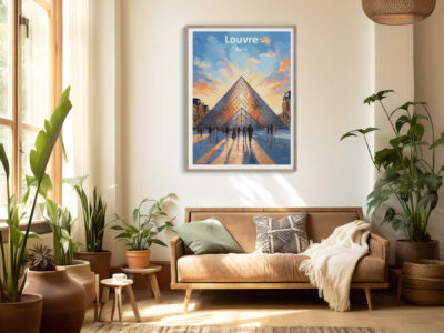 Cozy living room with Louvre poster and plants.