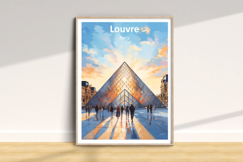 Louvre Paris poster with sunset and glass pyramid.