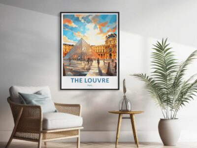 Louvre Paris poster in modern living room.
