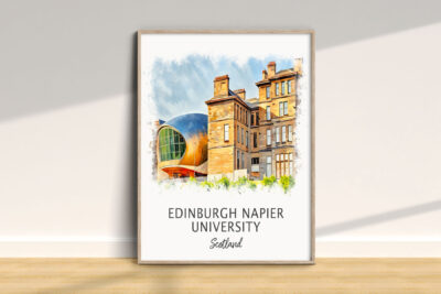 Edinburgh Napier University watercolor illustration in frame.