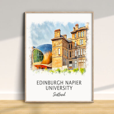 Edinburgh Napier University watercolor illustration in frame.