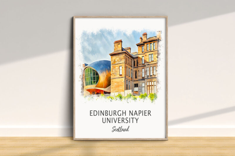 Edinburgh Napier University watercolor illustration in frame.