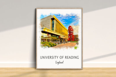 University of Reading campus watercolor artwork.