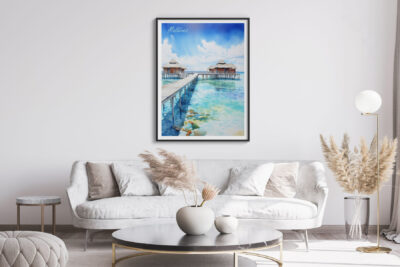 Cozy living room with framed Maldives artwork.