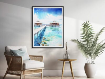 Cozy room with Maldives art on the wall.