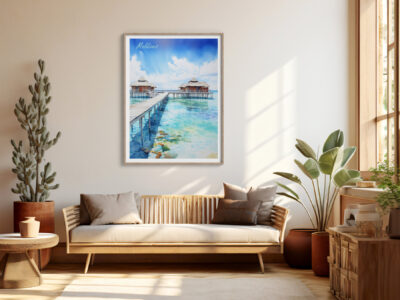 Cozy living room with Maldives wall art.