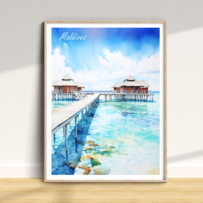 Maldives overwater bungalows illustration in wooden frame.