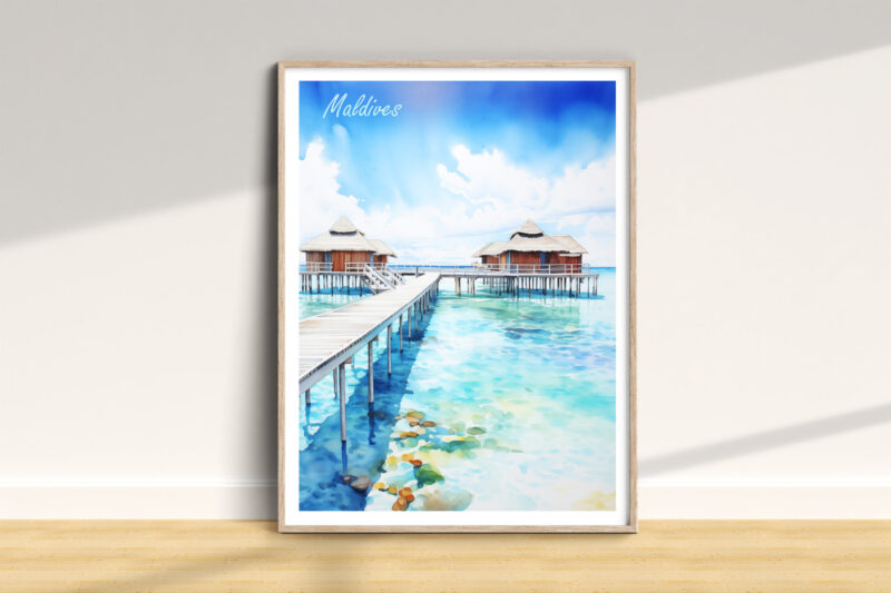 Maldives overwater bungalows illustration in wooden frame.