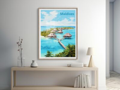 Maldives resort painting on modern wall in minimalist room.