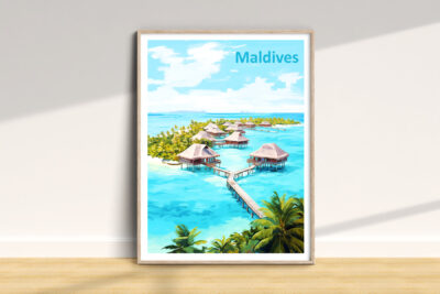 Maldives resort huts over turquoise water