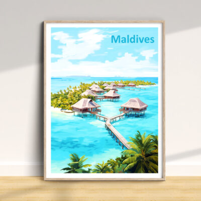 Maldives resort huts over turquoise water