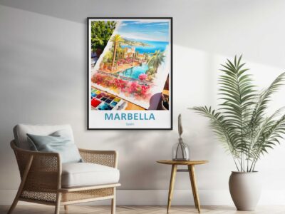 Colorful Marbella Spain poster in modern room decor.