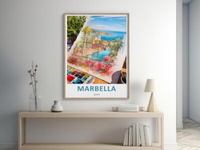 Framed Marbella poster on modern room wall.