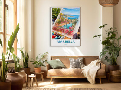 Cozy living room with Marbella poster and plants.