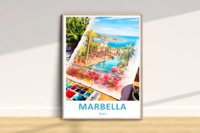 Colorful Marbella painting with ocean view