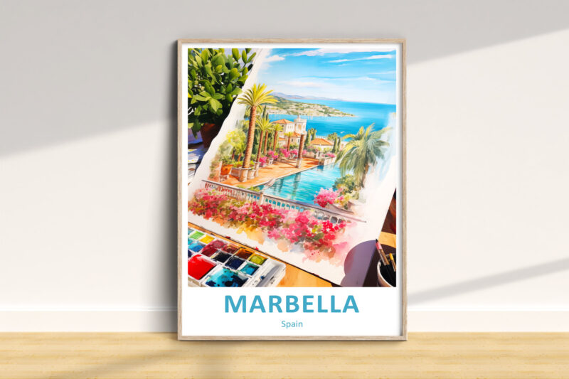 Colorful Marbella painting with ocean view