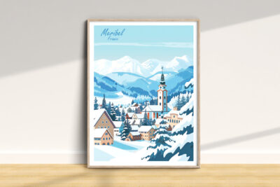 Meribel France snowy mountain village illustration