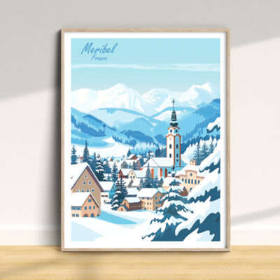 Meribel France snowy mountain village illustration