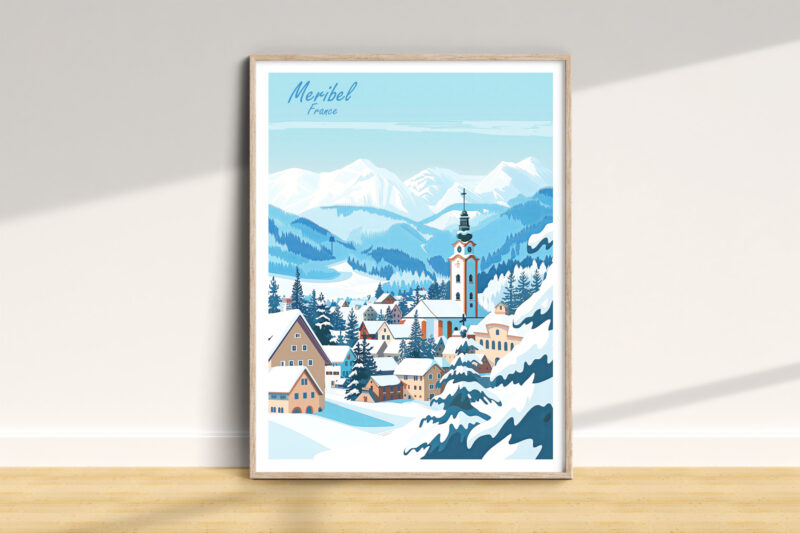 Meribel France snowy mountain village illustration